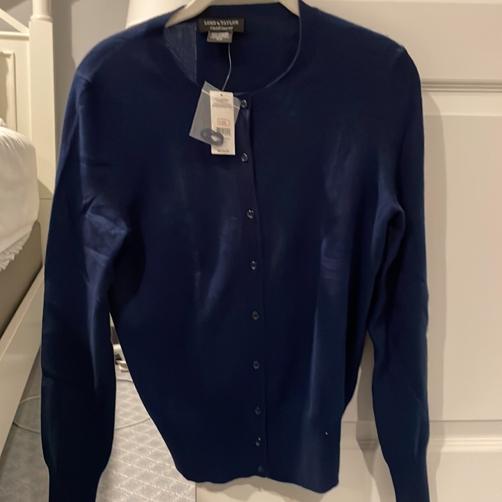 Lord & Taylor 100% Cashmere Navy Cardigan with Buttons Size S (NWT) - Picture 2 of 4